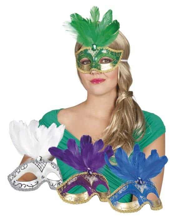 Masque loup venitien avec plumes assorties aux 4 coloris