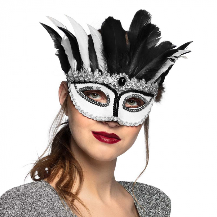 LOUP VÉNITIEN BLANC (Plumes noires et blanches)