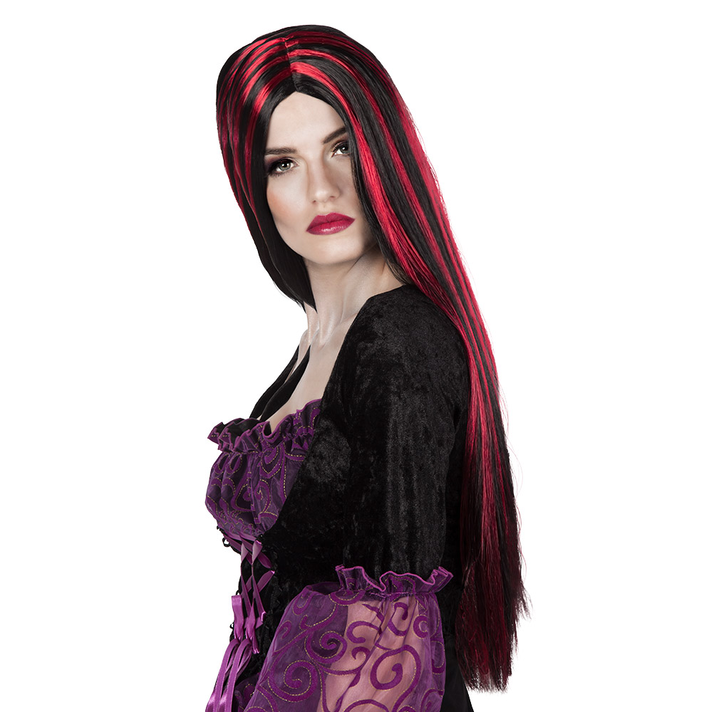 PERRUQUE DE MORTICIA (Noire + Mèches rouges)
