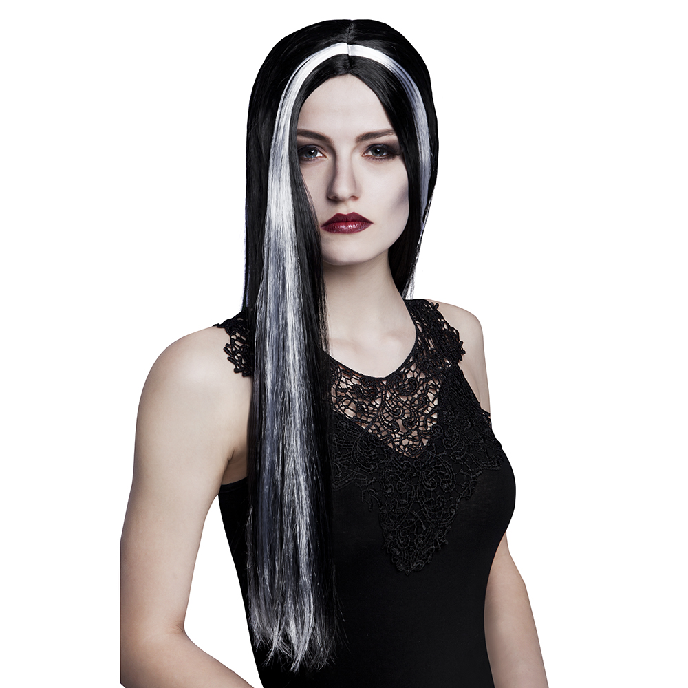 PERRUQUE DE MORTICIA (Noire + Mèches grises)