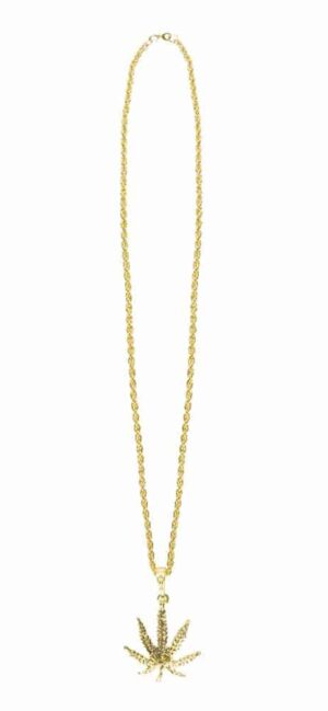 COLLIER - FEUILLE DORÉE (Feuille de cannabis - Or) Thème Hippie - Seventies – Image 2