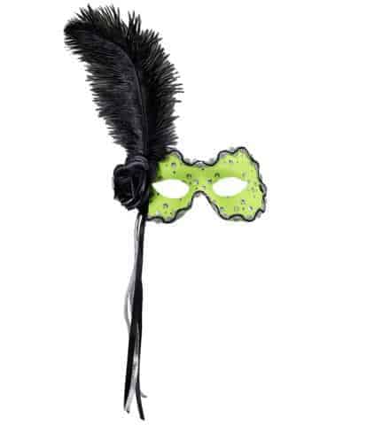 LOUP RIO VERT NÉON (Paillettes holographiques) Rose noire, ruban et plume