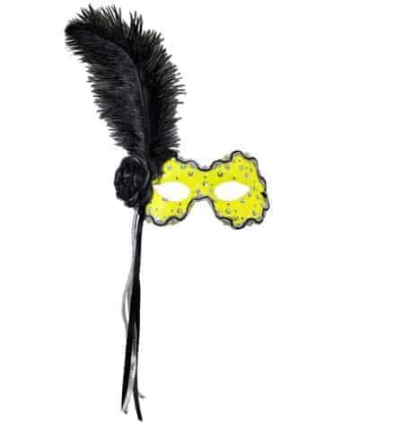 LOUP RIO JAUNE NÉON (Paillettes holographiques) Rose noire, ruban et plume