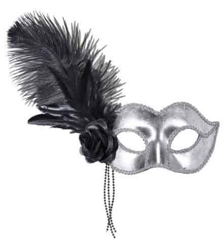 LOUP VENISE BRILLANT (Masque argent et perles) Plume noire et rose noire