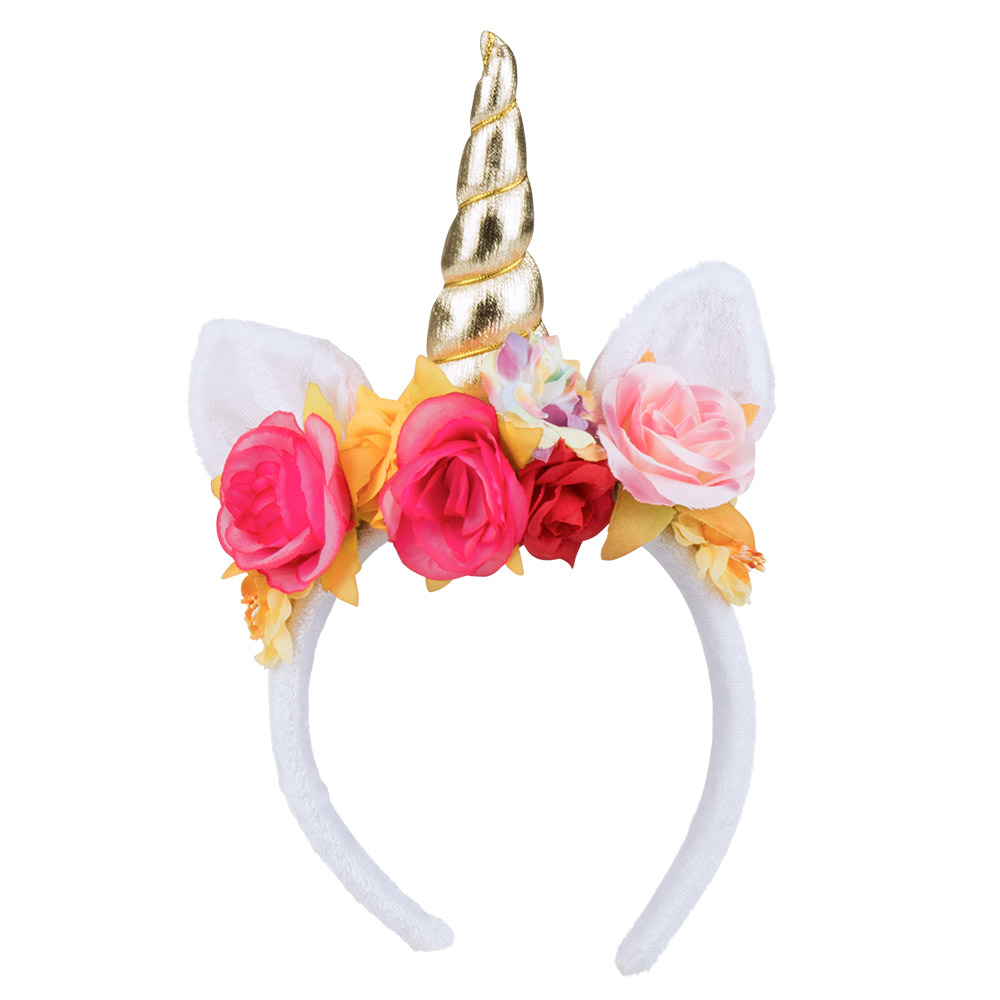 SERRE TÊTE LICORNE FLEURS (Corne dorée et roses)