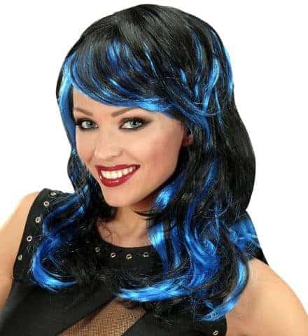 PERRUQUE BICOLORE STRIÉE (Cheveux noirs et bleus) Perruque en sachet