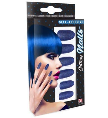 SET FAUX ONGLES BLEUS (Auto adhésifs + paillettes) Pack de 12 faux ongles