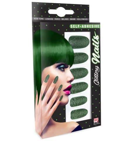 SET FAUX ONGLES VERTS (Auto adhésifs + paillettes) Pack de 12 faux ongles