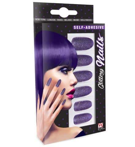 SET FAUX ONGLES VIOLETS (Auto adhésifs + paillettes) Pack de 12 faux ongles