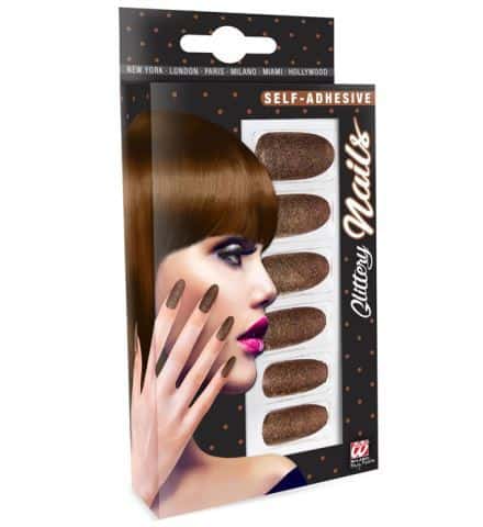 SET FAUX ONGLES CUIVRE (Auto adhésifs + paillettes) Pack de 12 faux ongles