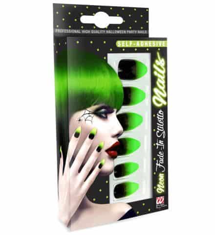 FAUX ONGLES STILETTO NÉON (Noir/vert auto adhésifs) Pack de 12 faux ongles