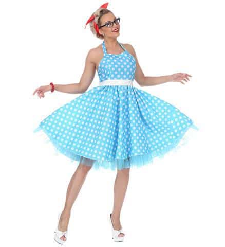 ROBE BLEU CIEL MODE 50's (Robe à pois, jupon, ceinture) Tailles adultes - Démo vidéo