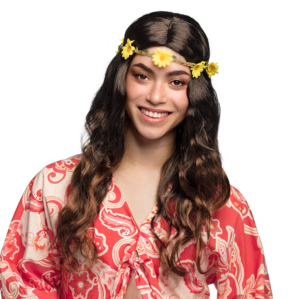 PERRUQUE HIPPIE BRUNE (Perruque femme à fleurs)