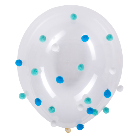 BALLONS POMPONS BLEUS (5 ballons blancs 30 cm) Pompons à coller