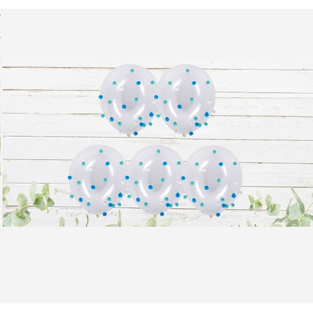 BALLONS POMPONS BLEUS (5 ballons blancs 30 cm) Pompons à coller