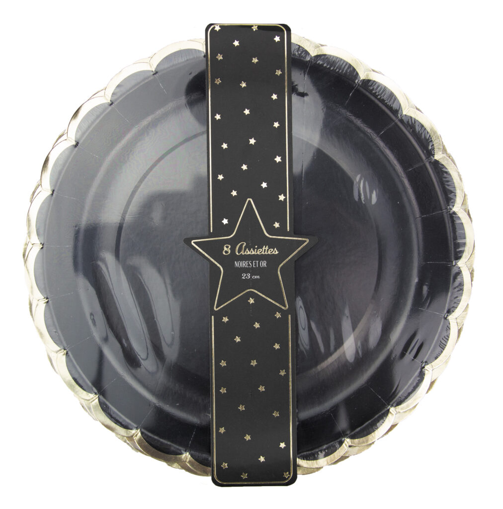 ASSIETTES NOIRES ET OR (Pack de 8 assiettes 23 cm)