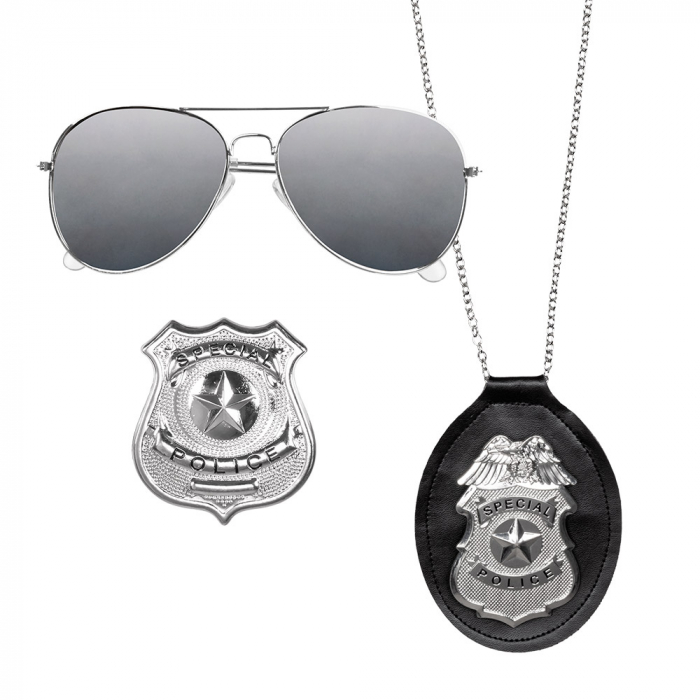 SET DE POLICE 3 PIÈCES (Lunettes, badge, plaque)