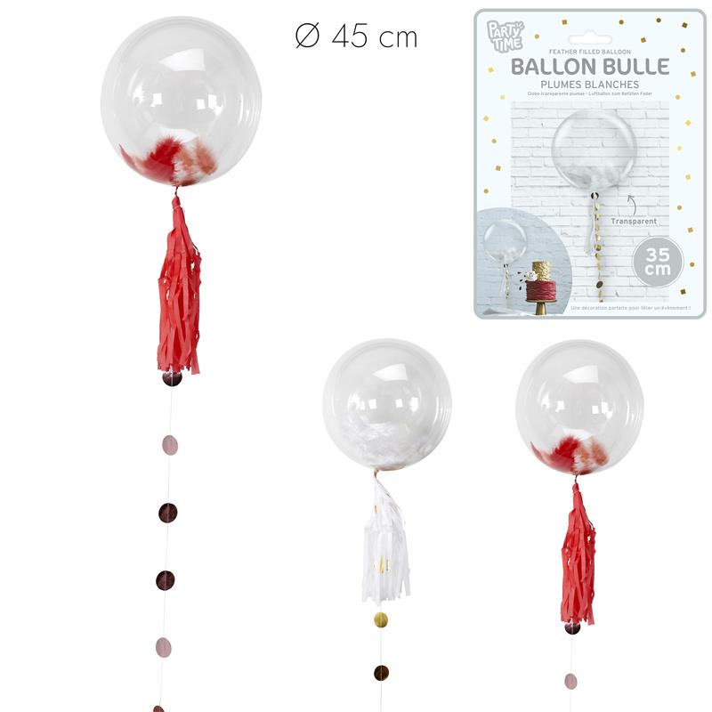 BALLON BULLE AVEC PLUMES (Taille 45 cm - 2 coloris)