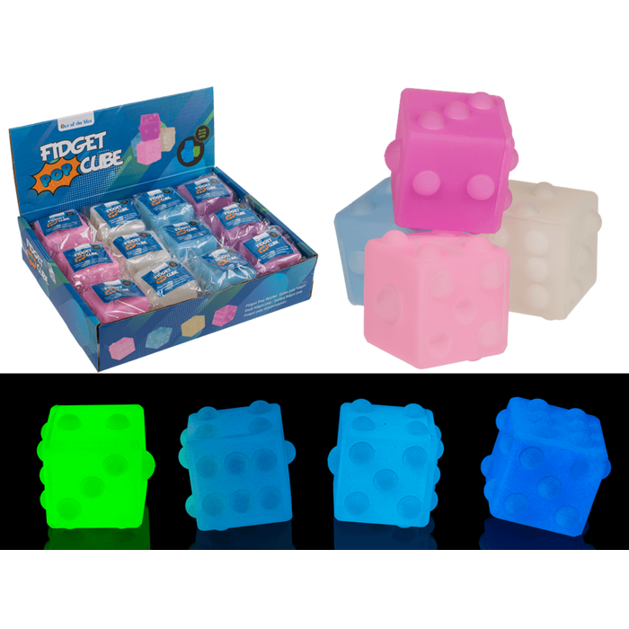 CUBE DÉ FIDGET POP (Présentoir 12 pièces - 5 cm) Cubes dés phosphorescents