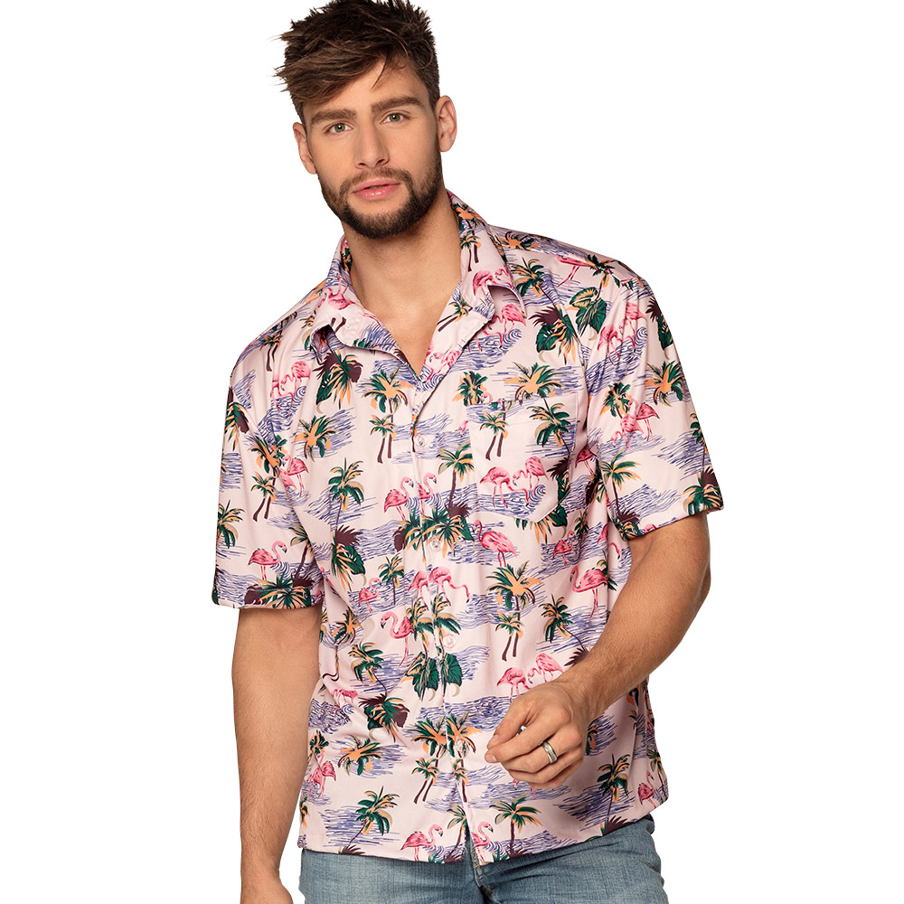 CHEMISE FLAMANTS ROSES (Chemise Hawaïenne fun) Tailles adultes M et L