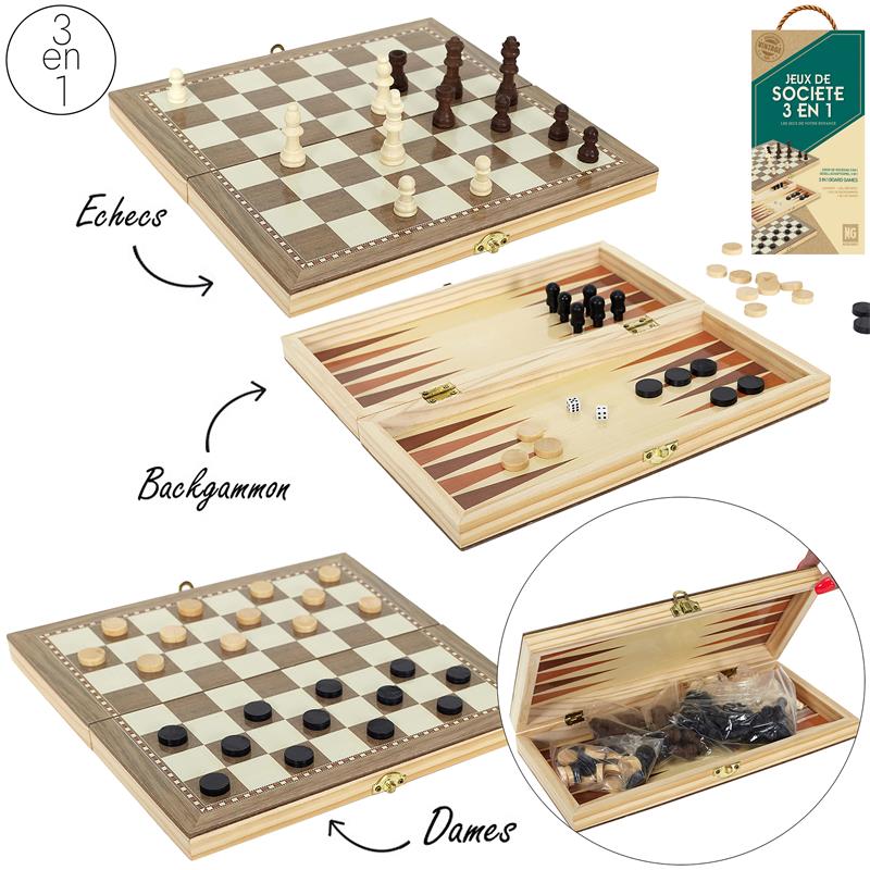 JEUX DE SOCIÉTÉ EN BOIS (Coffret 3 en 1 - 29 x 29 cm)