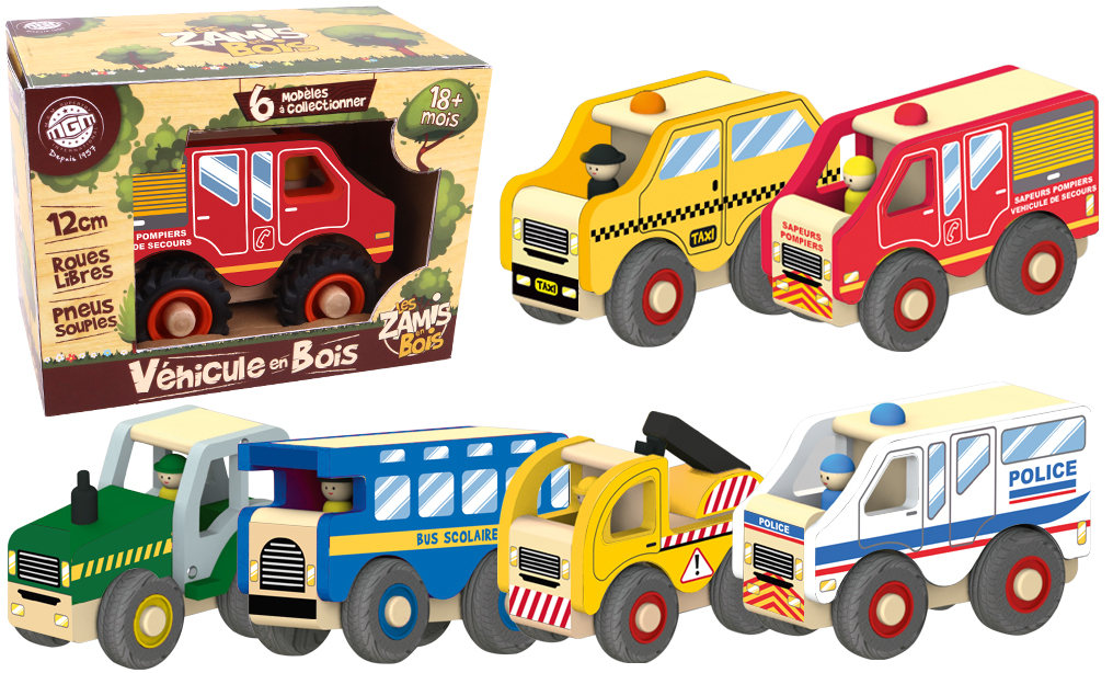 VÉHICULE FUN EN BOIS (Taille 12 cm - 6 modèles) Roues libres - Pneus souples