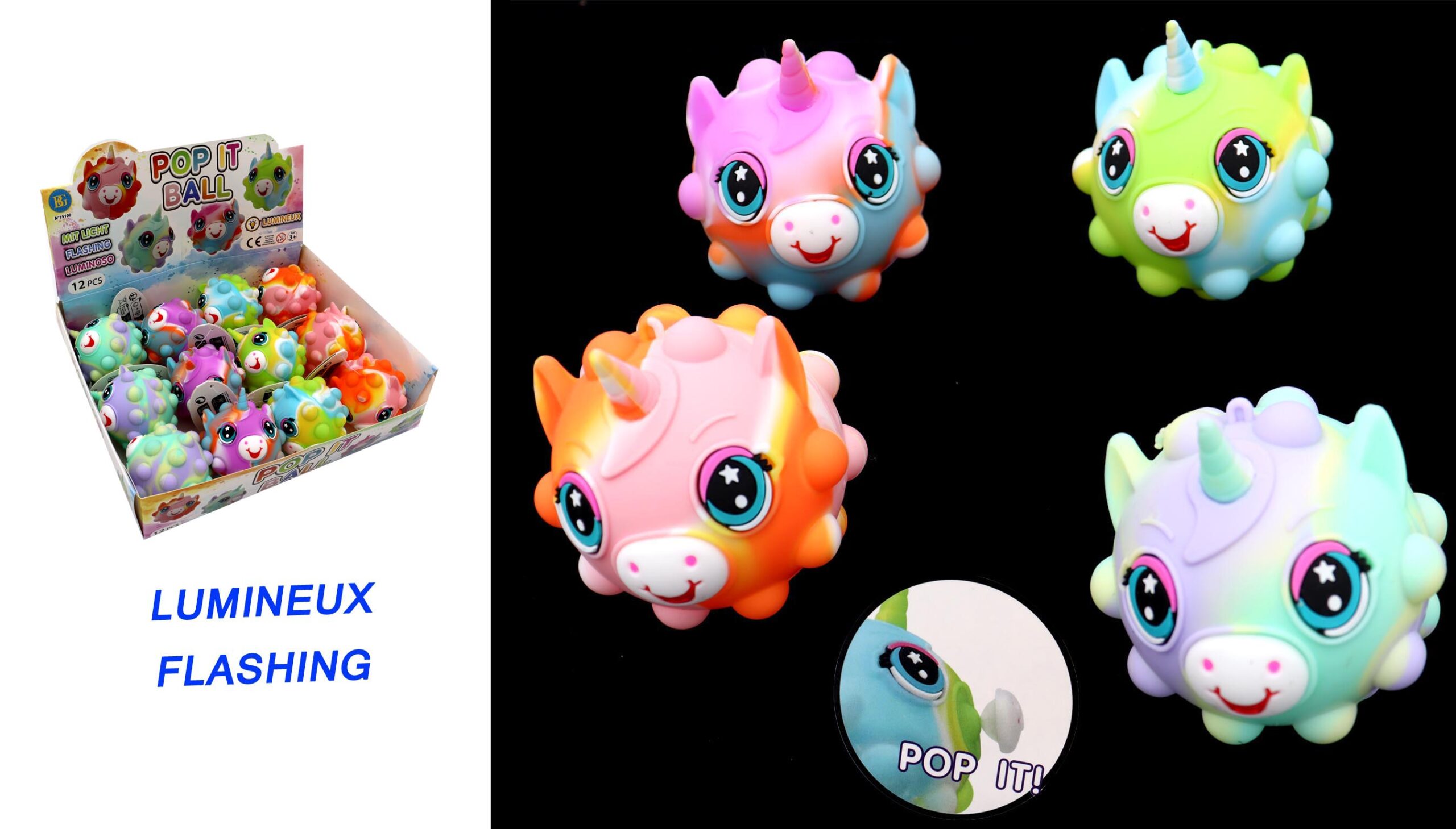 PACK BALLES LICORNE POP IT (12 Balles lumineuses 4 cm) Pack promo - 48 pièces – Image 1