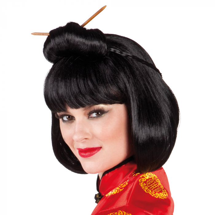 PERRUQUE CHINOISE NOIRE (avec baguettes)