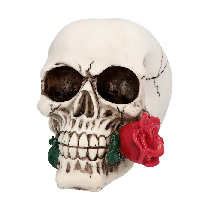 TÊTE DE MORT AVEC ROSE (Crâne en résine)
