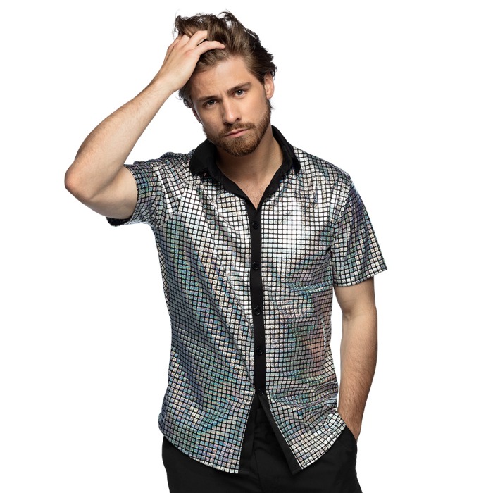 CHEMISE DISCO HOMME (Manches courtes - Argent) Tailles adultes M ou L