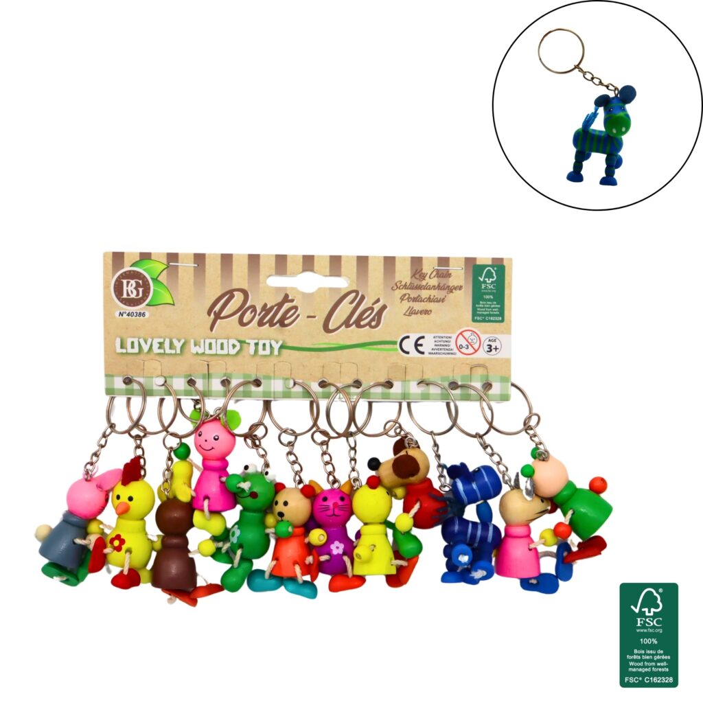 PORTE CLÉ ANIMAL EN BOIS (Présentoir 12 pièces) Dimension 8/9 cm