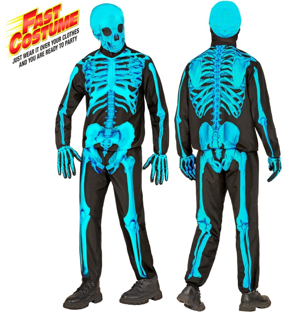 COMBINAISON SQUELETTE fluorescente (veste, pantalon, gants et masque) adulte