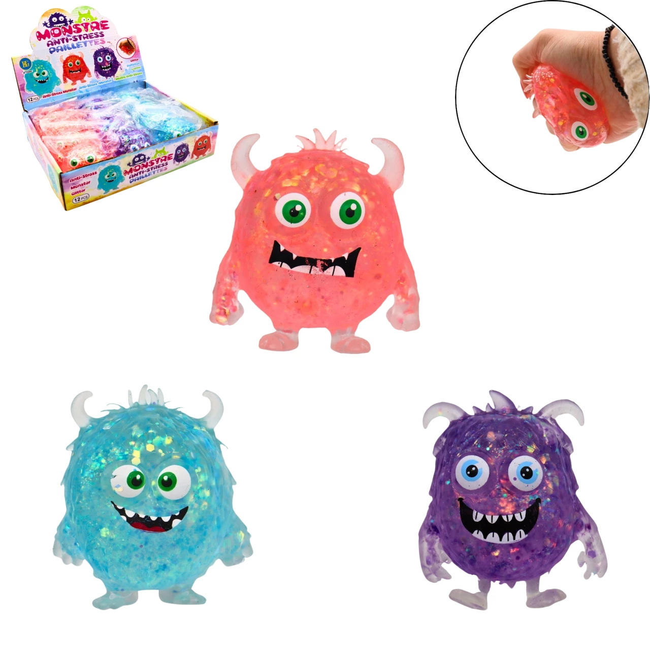 BOX  DE MONSTRE ANTI  STRESS (Pack 12 pièces - 3 coloris) Taille 7 cm – Image 1